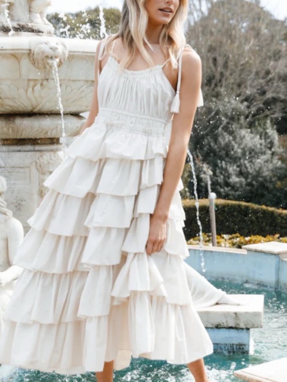 RuffleTiered Cream Dress with Tie Straps - Picture 2 of 6